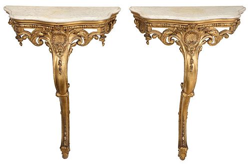 Pair Louis XV Style Giltwood Marble Top Consoles