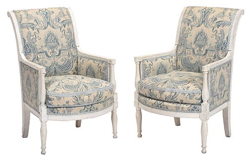 Pair Directoire White Painted Armchairs