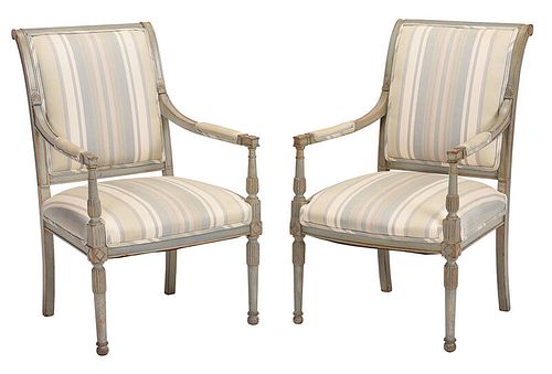 Pair Directoire Style Gray Painted Armchairs