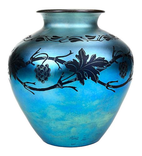Aurene Blue Glass Grapevine Pattern Vase