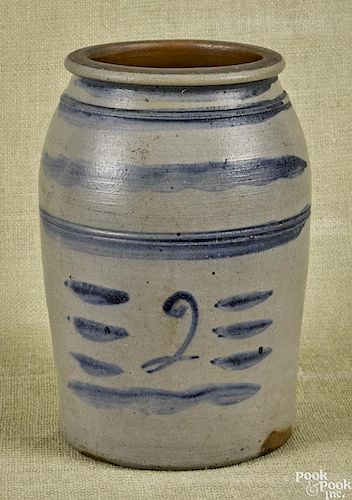 Western Pennsylvania two-gallon stoneware crock, 19th c., with cobalt banding, 11 1/4'' h.