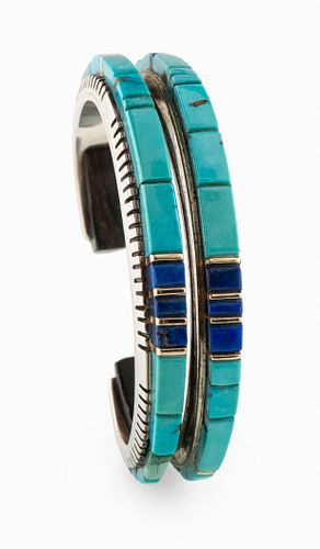 Charles Loloma
(Hopi, 1921-1991)
Silver, Turquoise, Ironwood, and Lapis Cuff Bracelet, with Gold AccentsLot is located and will ship from Denver, Colo