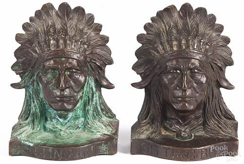 Pair of bronze figural Sitting Bull bookends, dated 1914, and signed J. L. Lambert SCP.
