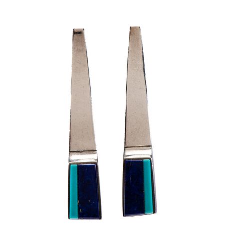 Richard Chavez
(San Felipe, b.1949)
Silver Post Earrings, with Turquoise and Lapis InlayLot is located and will ship from Denver, Colorado