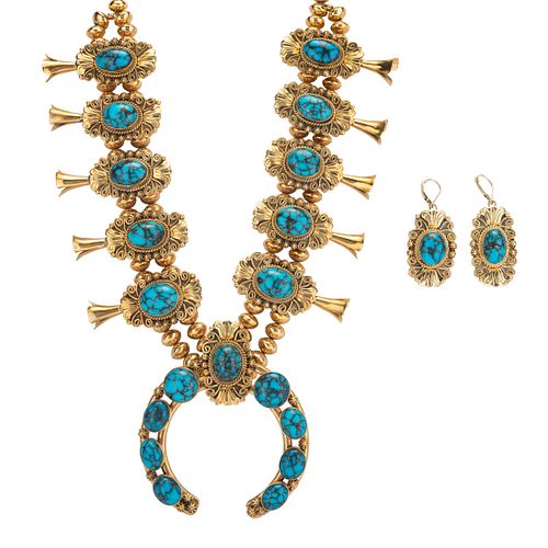 Darren Livingston
(Dine, 20th/21st century)
18k Gold and Turquoise Squash Blossom Necklace and Matching Earrings Lot is located and will ship from Den