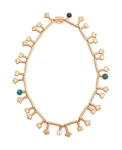 Larry Golsh
(Pala Mission/Cherokee, b. 1942)
14k Gold Tufa Cast Necklace with Turquoise and Diamonds, Matching EarringsLot is located and will ship fr