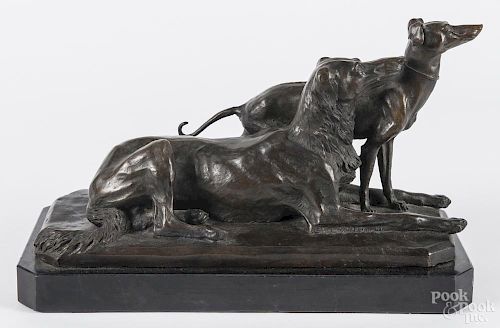 Patinated bronze of two dogs, after Barye, 7 1/4'' h., 13 1/2'' w.