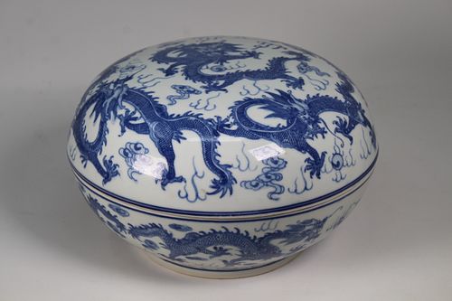 Chinese, 5-Claw Dragon Blue/White Box. Signed