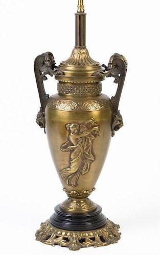 A Neoclassical Style Gilt Metal Urn Height overall 36 inches.