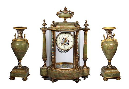 Important Tiffany & Co. Champleve 3 Pc Clock Set