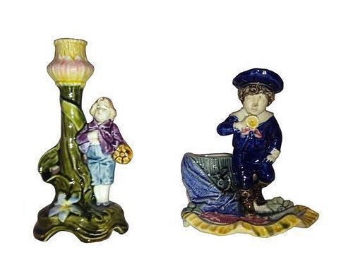 A Pair of Majolica Candle Holders Height of taller 6 1/2 inches.