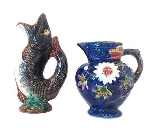 Two Majolica Pitchers Height of taller 13 1/2 inches.