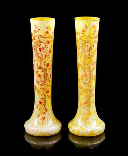 A Pair of Mottled Glass Vases Height 10 1/2 inches.