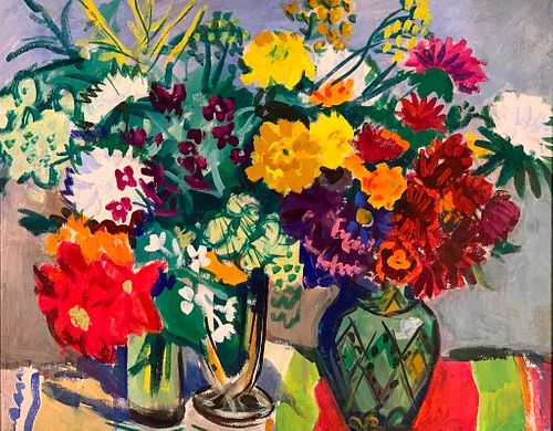 Sergei Missan Oil, Still Life of Flowers, Three Vases, 1963