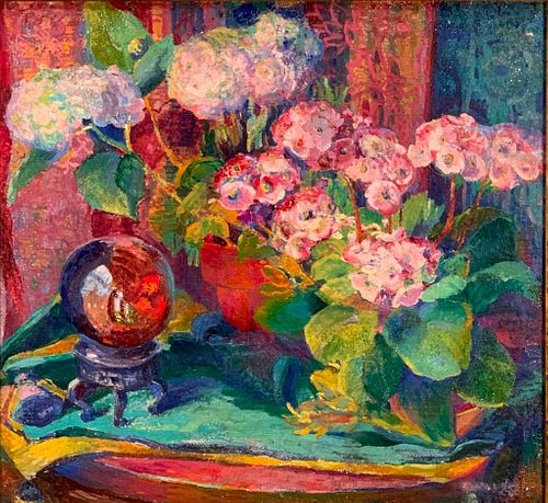 Clara Deike Oil, Still Life Crystal Globe and Flowers,1925