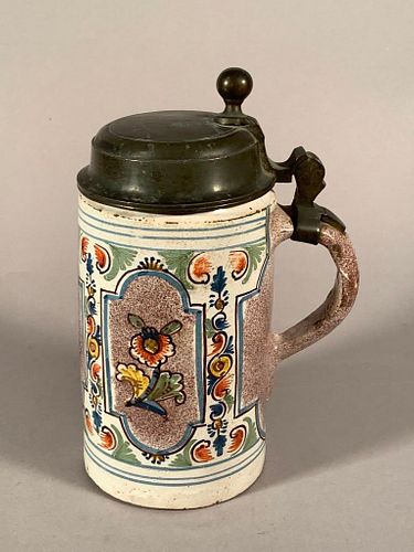 Continental Faience Pewter Mounted Tankard, 19thc.