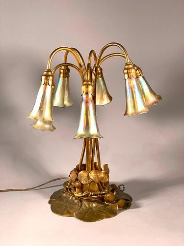 Tiffany Bronze and Favrile Glass Seven Light Lily Lamp