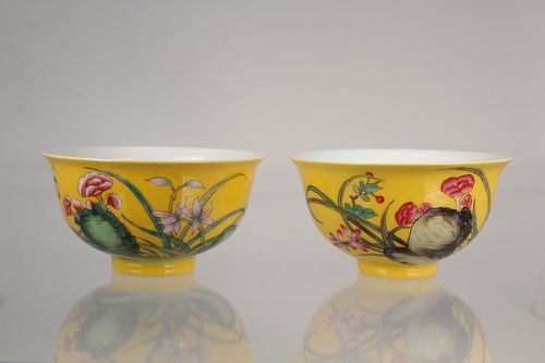 (2) Chinese Famille Jaune Porcelain Bowls, Signed