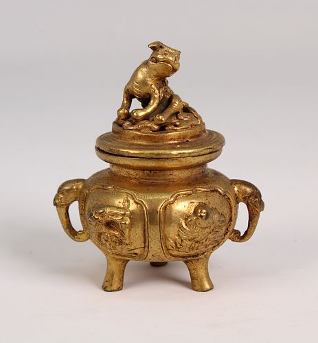 Antique Chinese Gilt Bronze Tri-Footed Censer