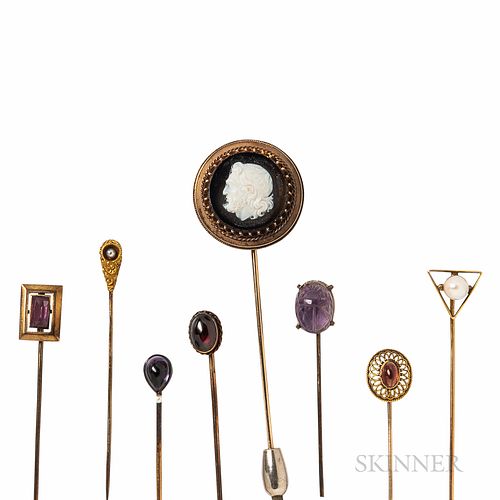 Eight Antique Gold Gem-set Stickpins