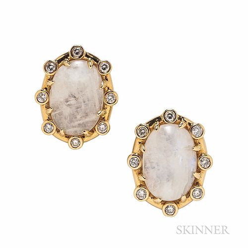 Tony Duquette 18kt Gold, Moonstone, and Diamond Earclips