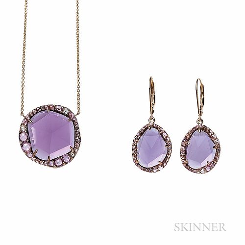 Amethyst, Pink Sapphire, and Diamond Pendant and Earrings