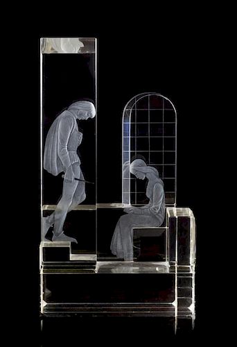 * A Kosta Cut and Etched Glass Sculpture of Romeo and Juliet Height 20 x width 11 x depth 5 inches.