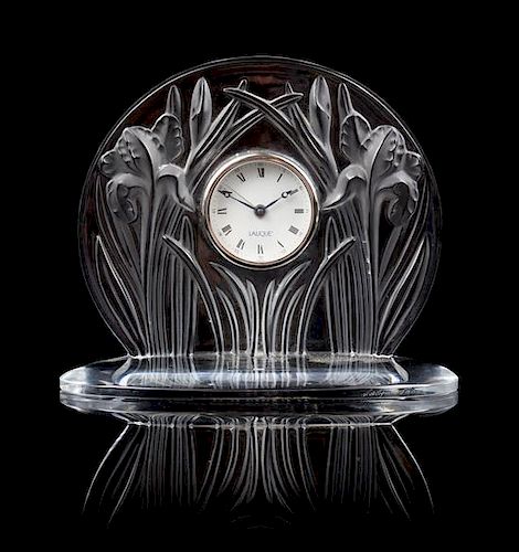 A Lalique Molded and Frosted Glass Desk Clock Height 7 inches.