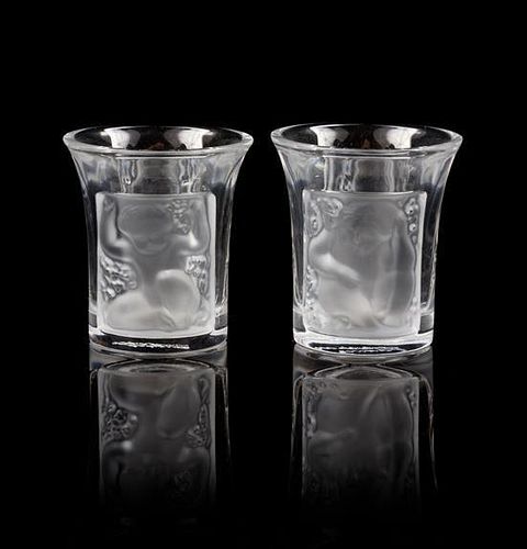 Two Lalique Molded and Frosted Glass Cordials Height 1 3/4 inches.