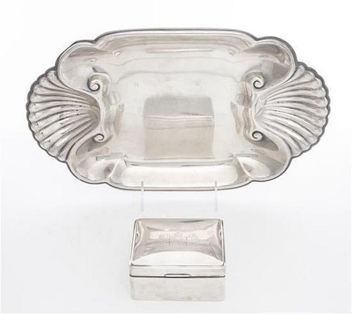 Two Silver Table Articles, , comprising an English cigarette box with wood liner and an International shell form dish