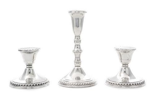 Three American Silver Candlesticks, Various Maker's, 20th Century, each with gadrooned rims and weighted base; together with ass