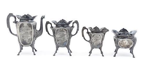 * An American Silver-plate Aesthetic Tea Set, Wilcox Height of tallest 9 1/2 inches