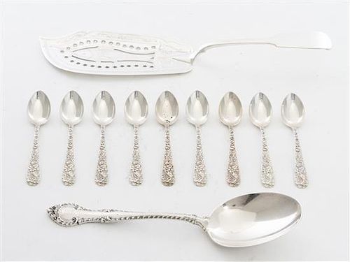 * A Set of Nine American Silver Coffee Spoons, S. Kirk & Son, Baltimore, MD, Repousse pattern, together with an English Gadroon