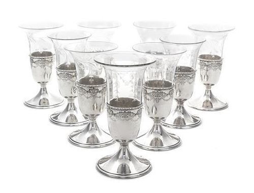 A Set of Nine American Silver and Glass Cordials, Frank M. Whiting, North Attleboro, MA, Circa 1925, the silver bases flat-chase