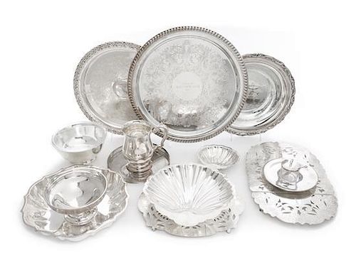 * A Group of Silver-plate Serving Articles, , comprising two trays, seven bowls, two trivets, a cann, and a preserves pot