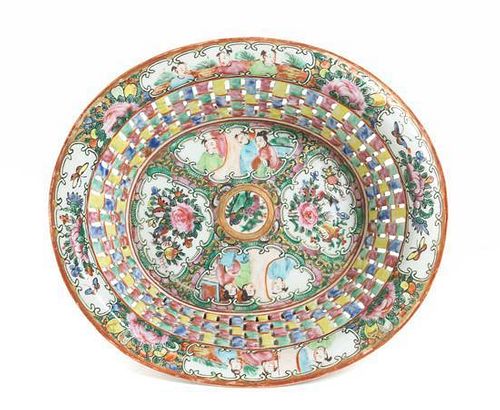 A Chinese Export Rose Medallion Porcelain Basket Width of tray 9 3/4 inches.