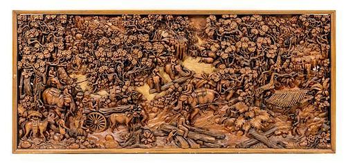 A Chinese Export Carved Relief Panel Height 38 1/4 x 84 1/2 x 3 1/2 inches.