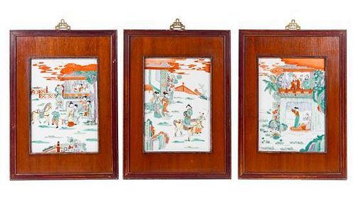 A Group of Three Chinese Famille Rose Porcelain Plaques Height of each 13 1/2 x width 9 1/2 inches.