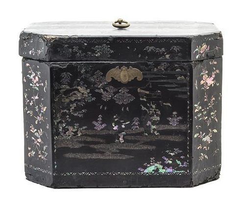 A Black Lacquer Box and Cover Height 11 x width 14 1/2 x depth 10 3/8 inches.