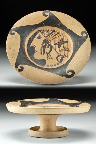 Etruscan Genucilia Pottery Pedestal Dish w/ Woman