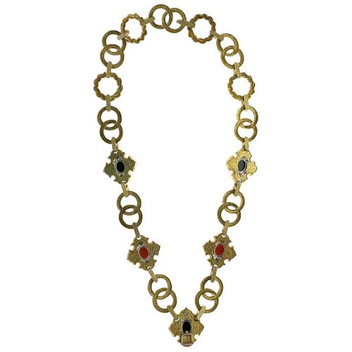 18k Gold Link Onyx Coral Diamond Necklace