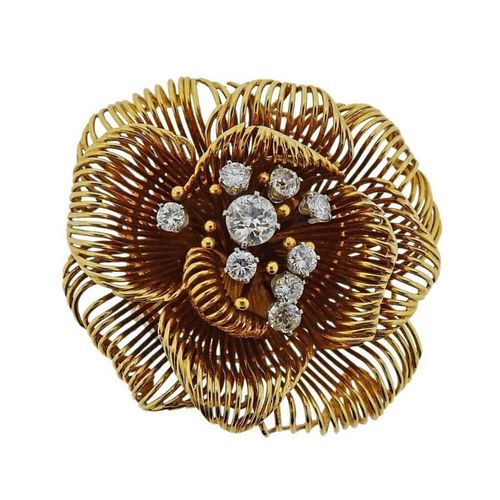 David Webb 18k Gold Diamond Flower Brooch 