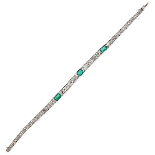 Van Cleef & Arpels Art Deco Diamond Emerald Platinum Bracelet