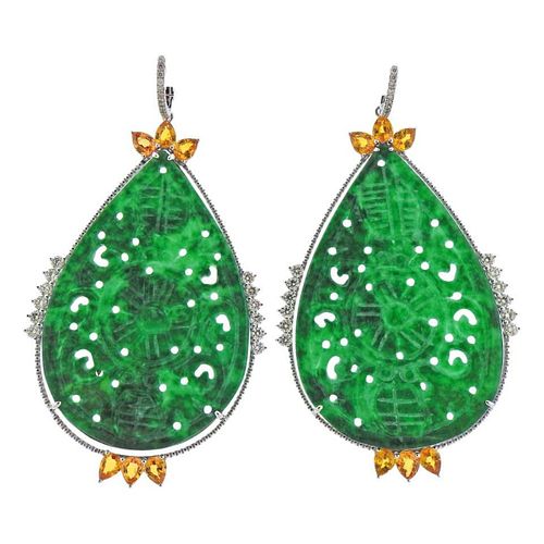 Carved Jade Diamond Citrine Gold Drop Earrings 