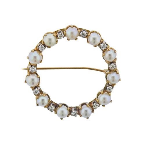 Cartier Pearl Diamond Gold Circle Brooch Pin 