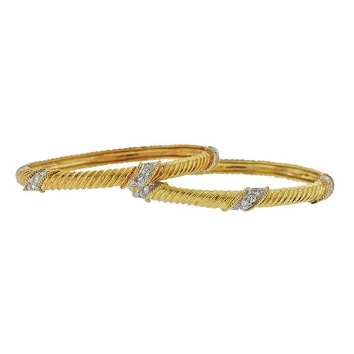 1980s Diamond Gold Bangle Bracelet Set 