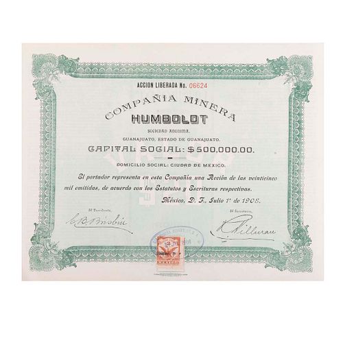 Lote de 10 acciones. México. Ca 1908. Capital Social de la Compañía Minera Humboldt. Con folio consecutivo.