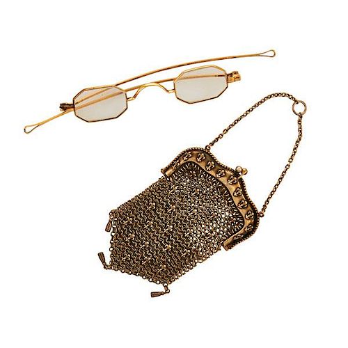 19TH C. 14K YELLOW GOLD SPECTACLES & STERLING POUCH