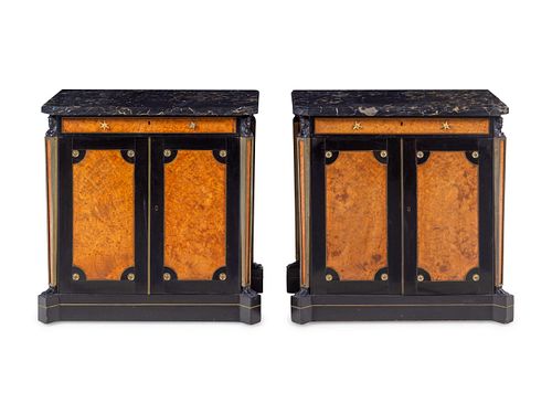 A Pair of Russian Empire Gilt Metal Mounted Ebonized and Burlwood Marble-Top Side Cabinets
