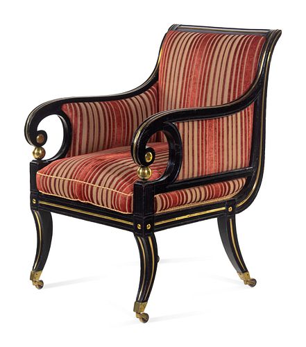 A Russian Empire Brass Mounted Black Lacquered Armchair